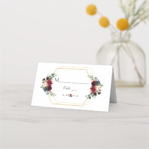 Tarjeta De Asiento Burgundy Floral Gold Hexagon Frame Número de tabla