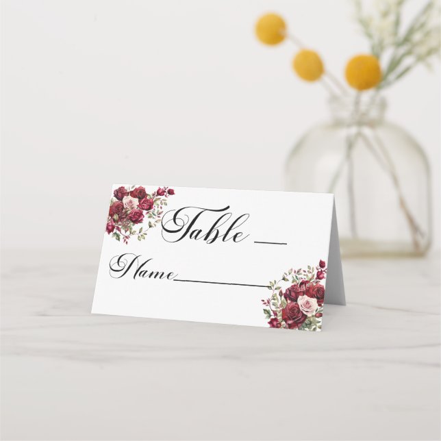 Tarjeta De Asiento Burgundy Floral Moderno Script Número de tabla (Anverso)