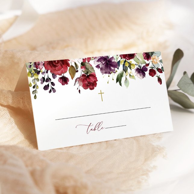 Tarjeta De Asiento Burgundy Flowers, Pink Flowers, Floral Baptism (Subido por el creador)