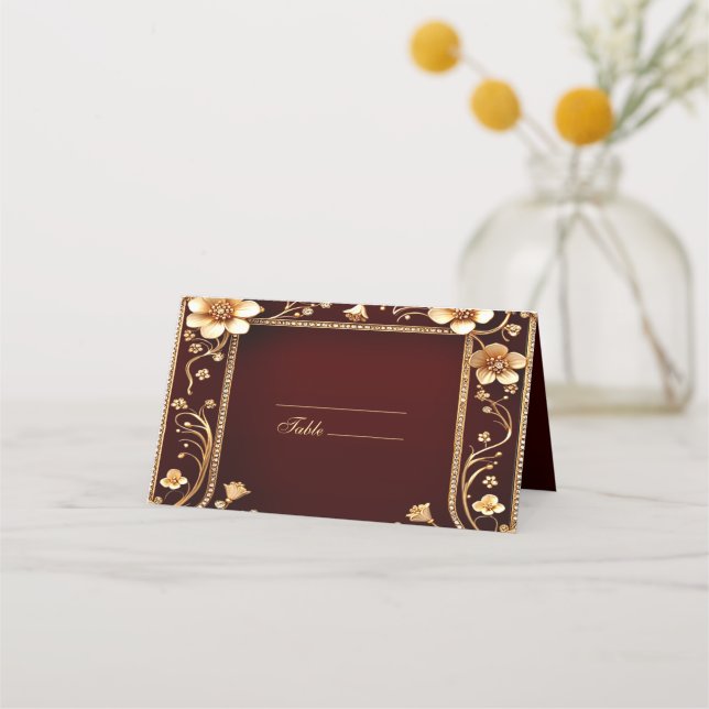 Tarjeta De Asiento Burgundy Golden Flowers Place Card (Anverso)