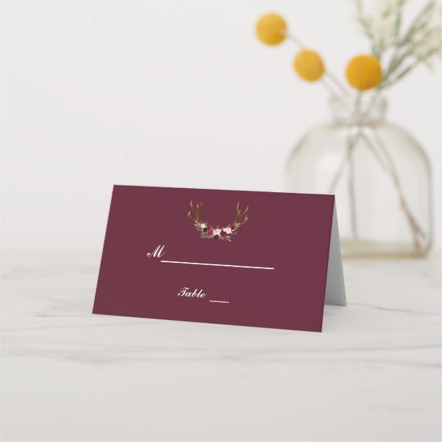 Tarjeta De Asiento Burgundy Marsala Floral Antlers Número de tabla (Anverso)