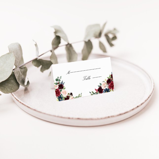 Tarjeta De Asiento Burgundy Marsala Floral Boda Place Card (Burgundy Marsala Navy Blush Floral Wedding Place Card)