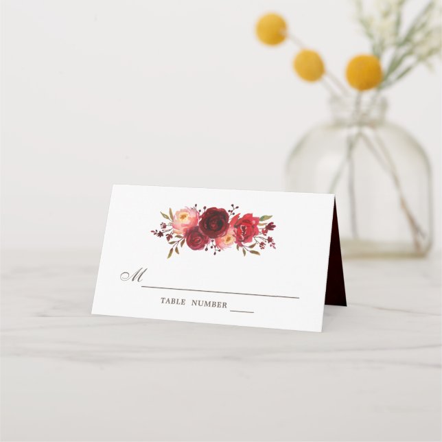 Tarjeta De Asiento Burgundy Marsala Red Roses Floral Boda (Anverso)