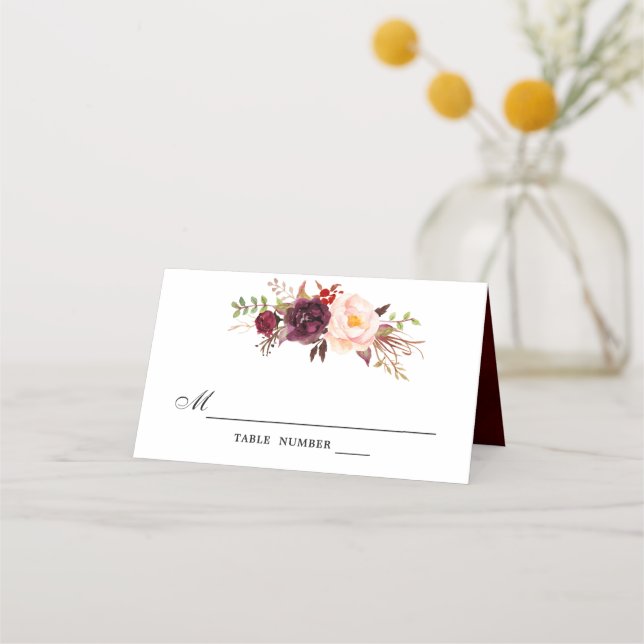 Tarjeta De Asiento Burgundy Red Floral Rustic Boho Place Card (Anverso)
