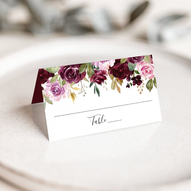 Tarjeta De Asiento Burgundy rosa ruso y Boda floral morado (Subido por el creador)