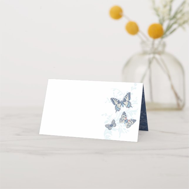 Tarjeta De Asiento Butterflies inked hand art blue wedding guest  (Anverso)