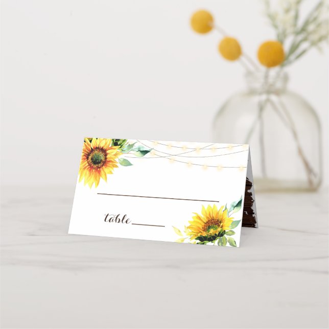 Tarjeta De Asiento Cadena de girasoles ilumina a Boda de madera rústi (Anverso)