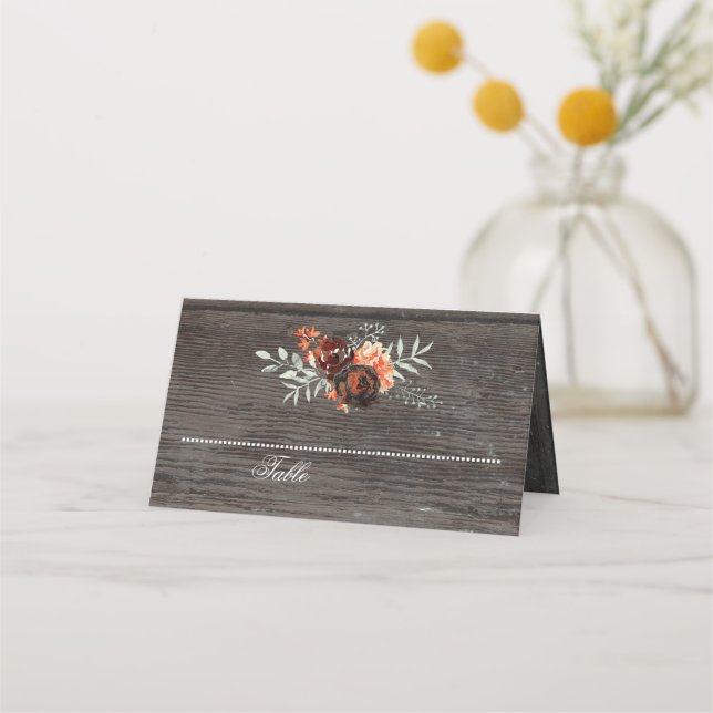 Tarjeta De Asiento Cadena floral de Borgoña ilumina madera rústica (Anverso)