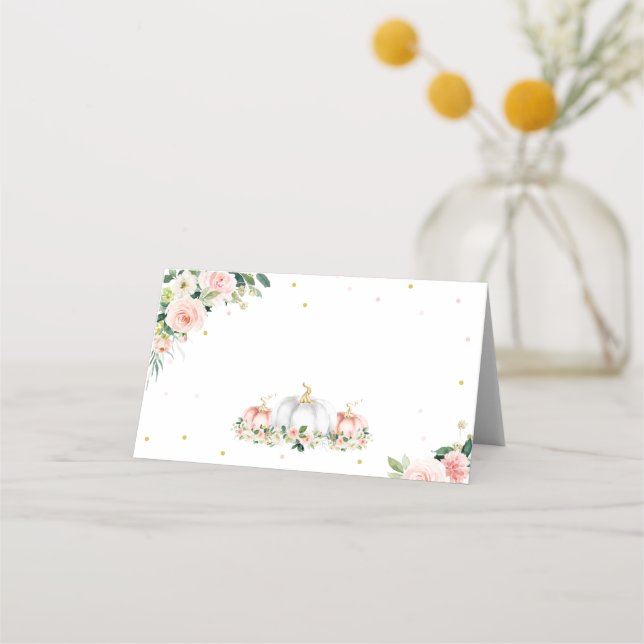 Tarjeta De Asiento Calabaza Baby Shower Rubor Rosa Y Oro (Anverso)