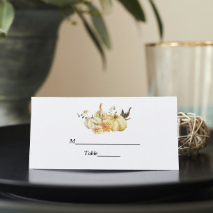 Tarjeta De Asiento Calabaza y flores de color de agua otoñal de moda