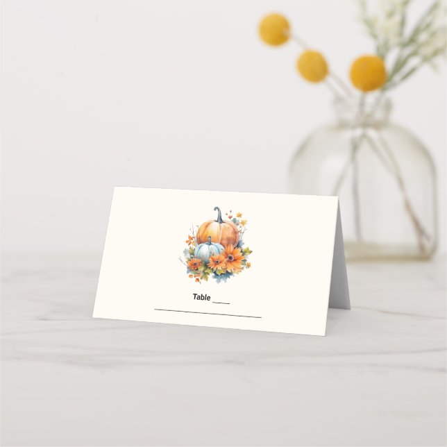Tarjeta De Asiento Calabazas otoñales con flores y follaje (Anverso)