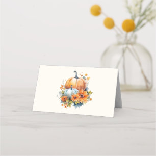 Tarjeta De Asiento Calabazas otoñales con flores y follaje