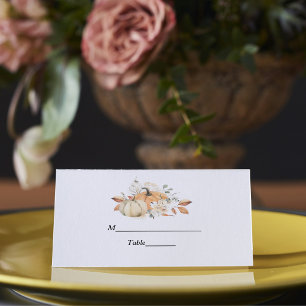 Tarjeta De Asiento Calabazas y flores de acuarela de otoño modernas
