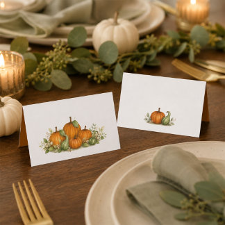 Tarjeta De Asiento Calabazas y verduras de otoño en acuarela para cen