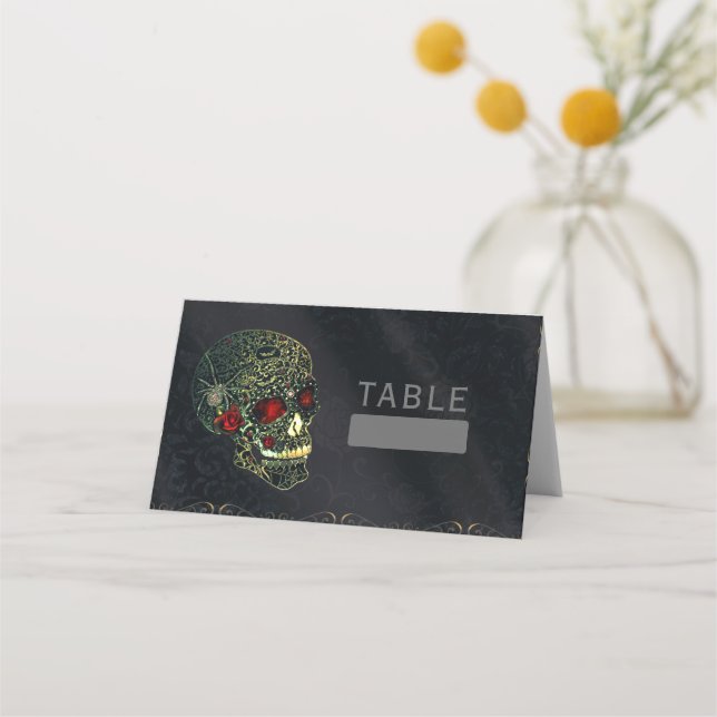 Tarjeta De Asiento Calavera araña y Rosas Glam Fiesta gótico (Anverso)