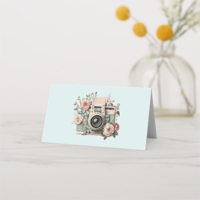 Tarjeta De Asiento Cámara con Flores Retro Pastel (Anverso)