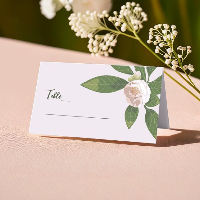 Tarjeta De Asiento Camellia y verde simple matrimonio elegante (Camellia and Greenery Simple Elegant Wedding Place Card)