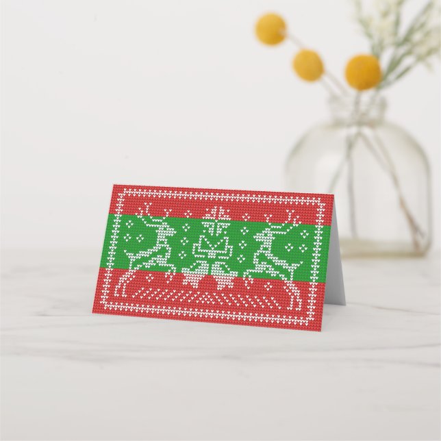 Tarjeta De Asiento Campanas de jingle de suéter feo Navidad renos cro (Anverso)