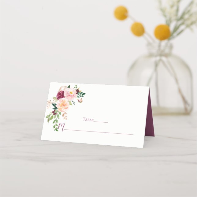 Tarjeta De Asiento Cartas de Burgundy Rubor Mauve Floral Bouquet Plac (Anverso)