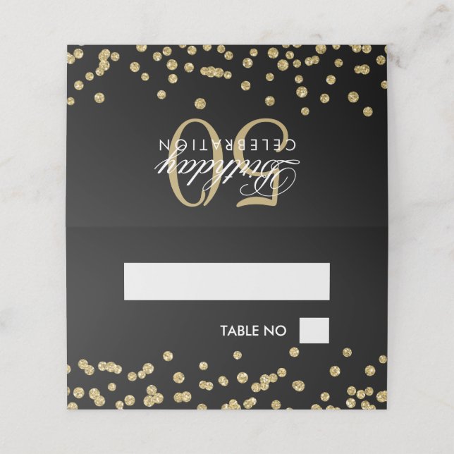 Tarjeta De Asiento Cartas de cumpleaños Purpurina de oro Confetti neg (Exterior desplegado)