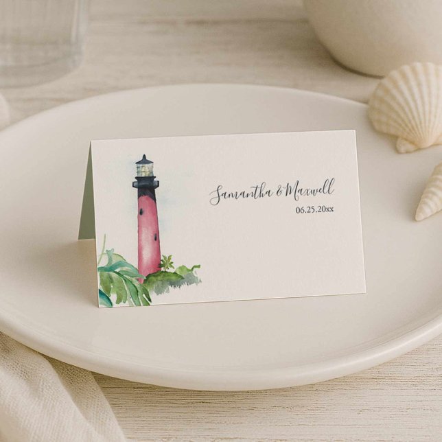 Tarjeta De Asiento Cartas de la mesa de bodas de la playa del Lightho (Beach wedding in Florida features Jupiter lighthouse table seating card art by Victoria Grigaliunas)