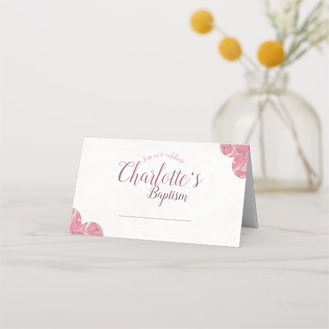 Tarjeta De Asiento Carteles rosa y blanco de bautismo (Anverso)