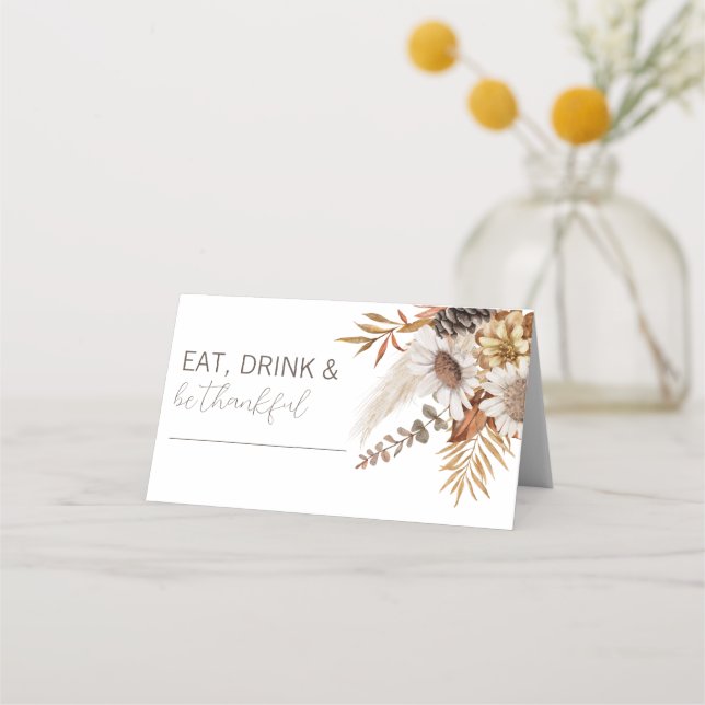 Tarjeta De Asiento Cena de Acción de Gracias con hojas de otoño y flo (Anverso)