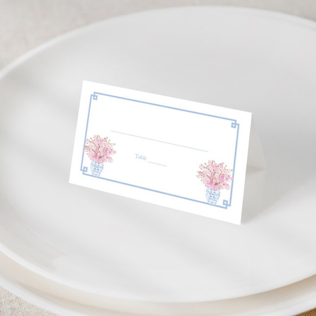 Tarjeta De Asiento Cena de ensayo de chinoisería rosa y azul precioso (Preppy pink and pale blue place cards with greek key print reverse, ginger jars and cherry blossom)