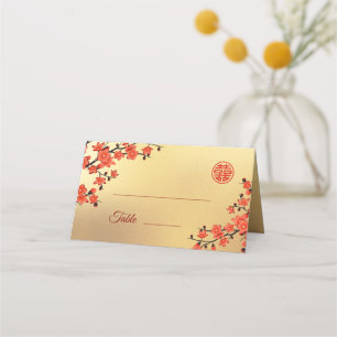 Tarjeta De Asiento Cerezo en flor de oro rojo Boda chino