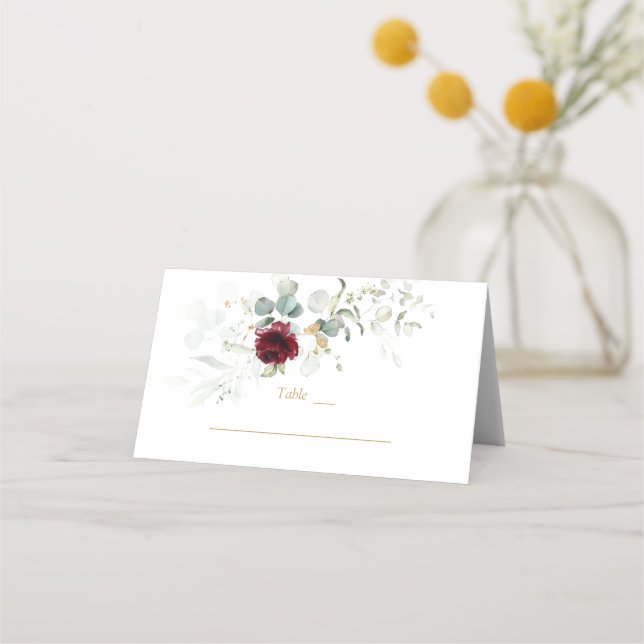 Tarjeta De Asiento Charm Burgundy Floral Airy Greenery Table Number (Anverso)