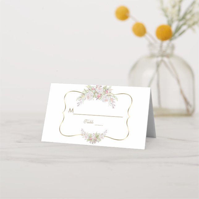 Tarjeta De Asiento Charm White Flowers Gold Boda Número de tabla (Anverso)