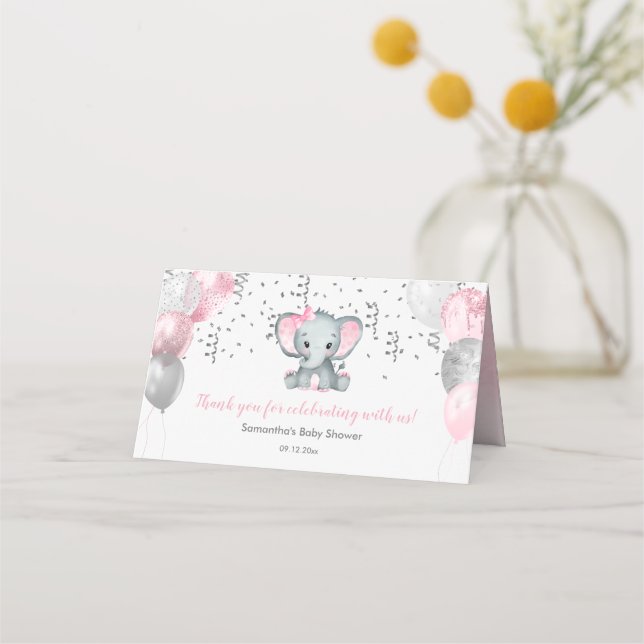 Tarjeta De Asiento Chica Cute Elephant Globos Rosa Baby Shower (Anverso)
