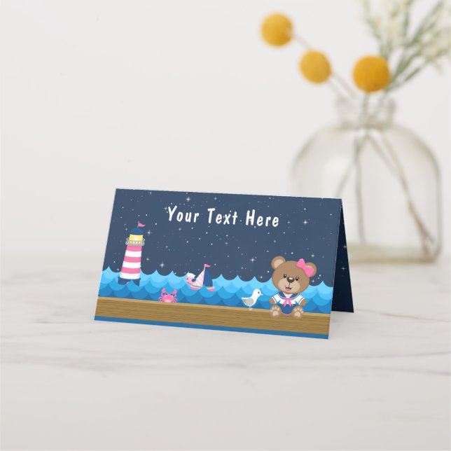 Tarjeta De Asiento Chica náutico con fiesta de cumpleaños de la Marin (Anverso)