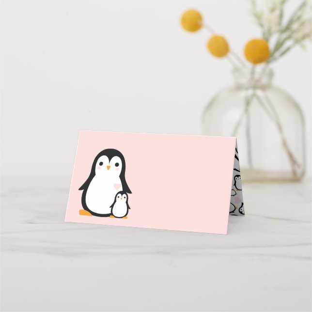 Tarjeta De Asiento Chica rosa de Cute Penguin Baby Shower (Anverso)