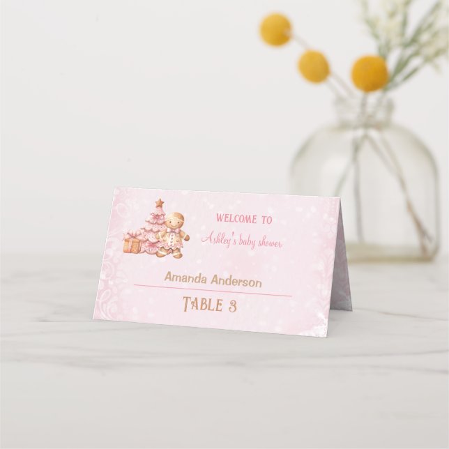 Tarjeta De Asiento Chica rosado de pan de jengibre Navidades Baby Sho (Anverso)