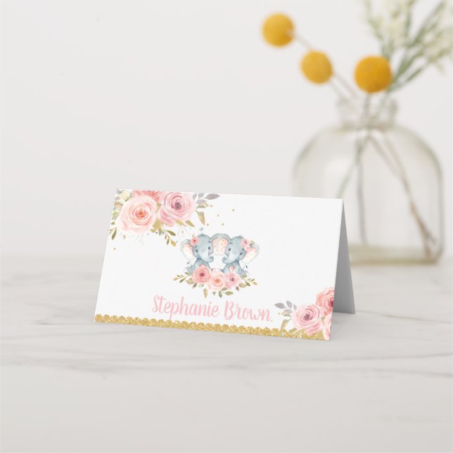 Tarjeta De Asiento Chicas gemelos Elephant Baby Shower Floral Rosa (Anverso)
