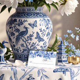 Tarjeta De Asiento Chinoiserie Blue and White Floral Bird Table