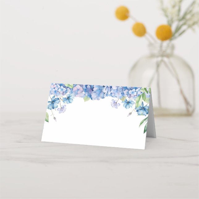 Tarjeta De Asiento Chorro de Novia Floral con Hortensias Azules Moder (Anverso)