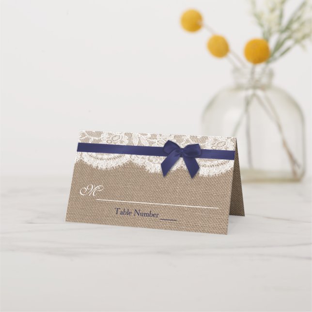 Tarjeta De Asiento Cinta Naval En Boda Burlap & Lace (Anverso)