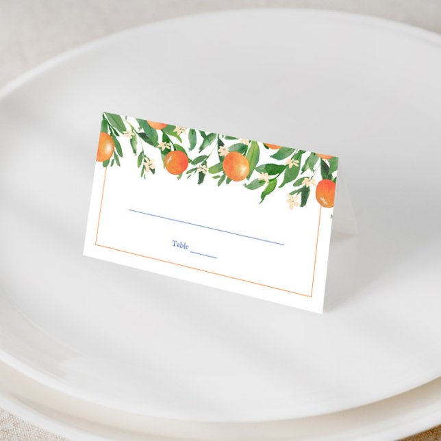 Tarjeta De Asiento Citrus Naranjas Azulejos azules Partido de la Boda (Positano oranges with blue and white tile print wedding place cards)