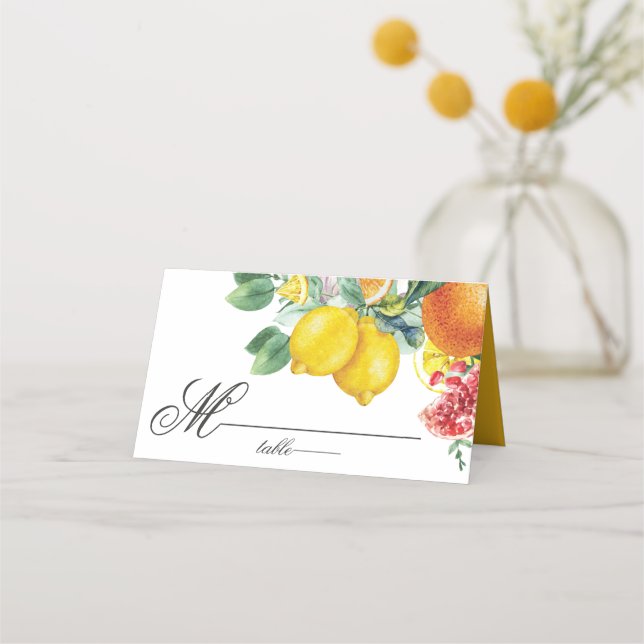 Tarjeta De Asiento Citrus Watercolor Boda Botánico (Anverso)