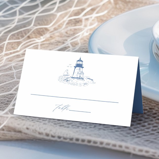 Tarjeta De Asiento Coastal Lighthouse Blue Toile Wedding (Subido por el creador)