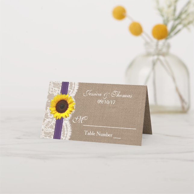 Tarjeta De Asiento Colección de Bodas de girasol rústico - morado (Anverso)
