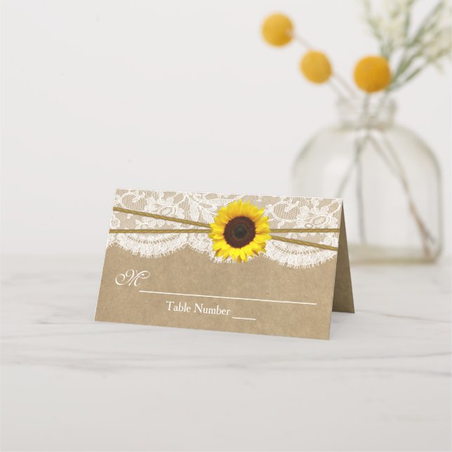 Tarjeta De Asiento Colección de Bodas Kraft, Lace & Sunflower (Anverso)