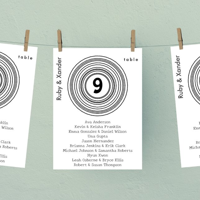 Tarjeta de asiento colgante de mesa de dibujo del  (Single table seating card with Vinyl record with hand-drawn look. )