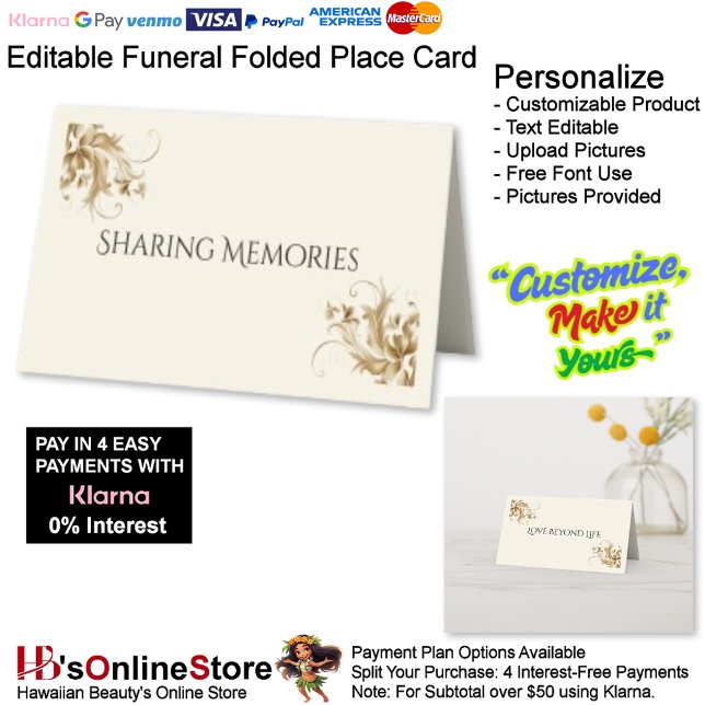 Tarjeta De Asiento Compartiendo Recuerdos Memorial Funeral Doble Pleg (Sharing Memories Memorial Memorial Funeral Folded Place Card.)