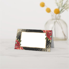 Tarjeta De Asiento Confeti de Oro Negro Rosas Rojas Floral