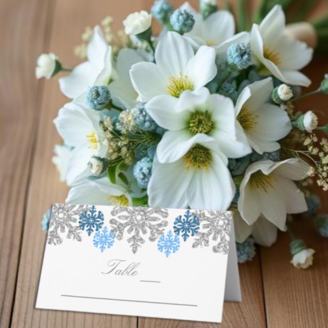 Tarjeta De Asiento Copos de Nieve Azules Plateados Boda de Invierno (Subido por el creador)