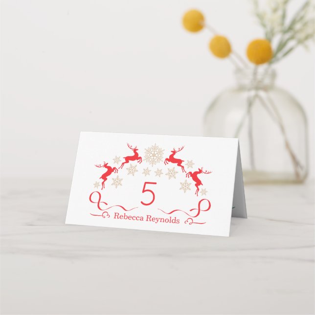 Tarjeta De Asiento Copos de nieve dorados y Navidades de renos (Anverso)