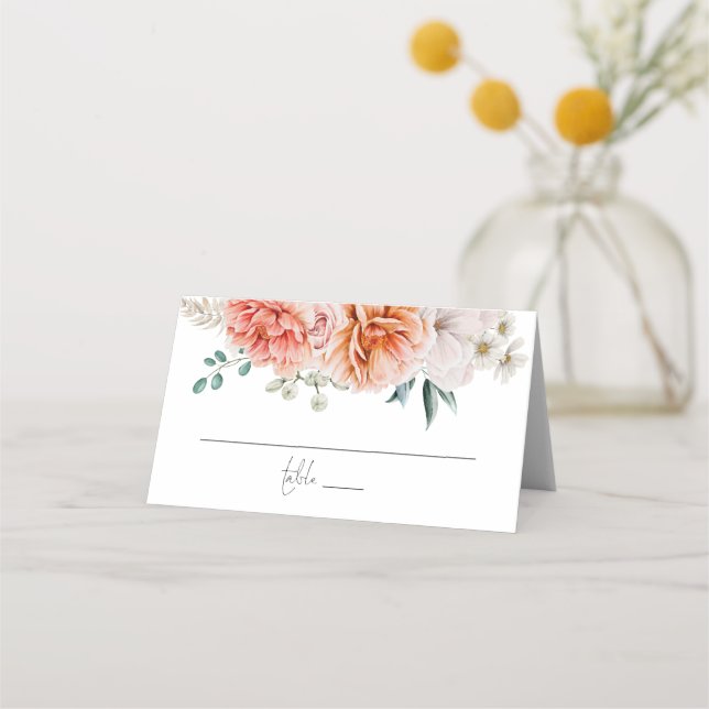 Tarjeta De Asiento Coral Peach Peonies Script Boda (Anverso)